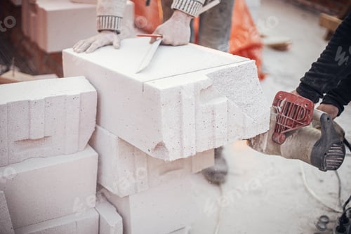 Preview: Workers cutting autoclaved aerated concrete block with chainsaw closeup, construction site.