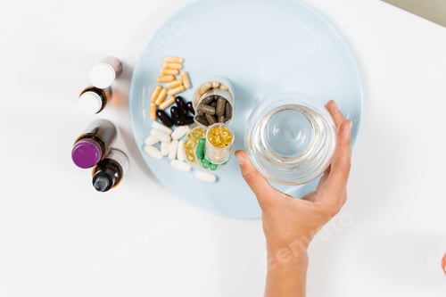 Preview: Assorted daily antioxidant and mineral supplements with water glass