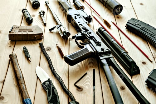 Preview: Disassembled rifle with cleaning tools on table of weapons workshop