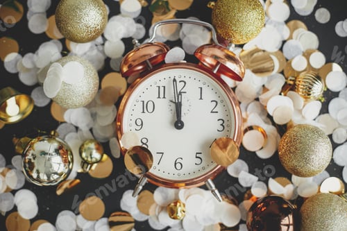 Preview: Happy New Year! Stylish retro clock, christmas glitter baubles and golden confetti flat lay