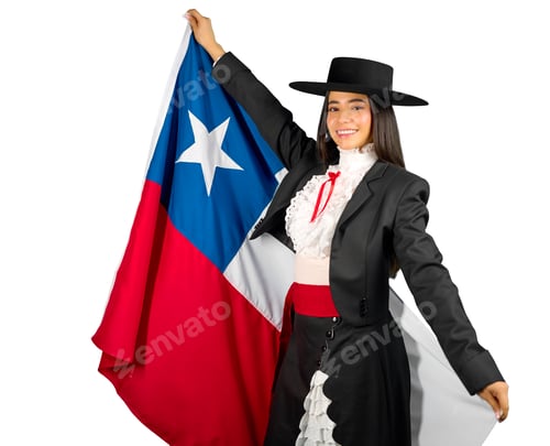 Preview: Chilean woman holding chile flag wearing traditional huasa clothing