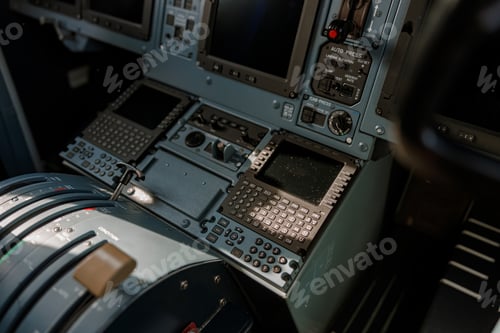Preview: Airplane cockpit with flight displays, switches and knobs