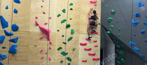 Preview: Girl climbing on practical wall indoor, bouldering training