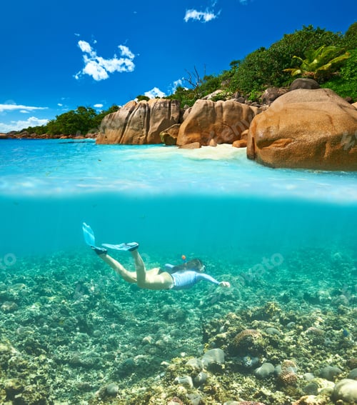 Preview: Woman With Mask Snorkeling In Clear Water At Seychelles