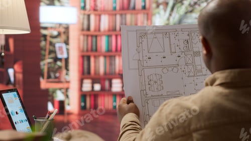 Preview: Entrepreneur analyzing architectural sketches and blueprints at his home