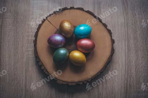 Preview: Colorful Easter Eggs on Rustic Wooden Board