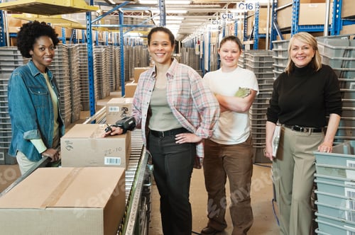 Preview: Team portrait of multi-ethnic female warehouse workers working next to a motorzied feed conveyor in