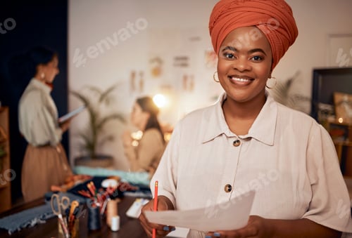 Preview: Management, fashion and designer with portrait of black woman in workshop studio for manufacturing,