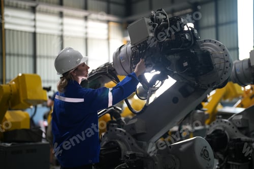 Preview: Robotics engineer working on maintenance of robotic arm in factory warehouse. Business technology.