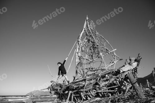 Preview: Young woman on decorative wooden ship near water on shore