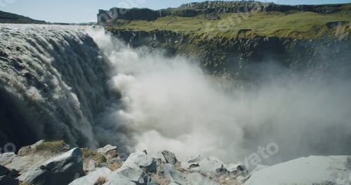 Preview: Impressive powerful Dettifoss waterfall with cliff edge in foreground, Iceland, Europe