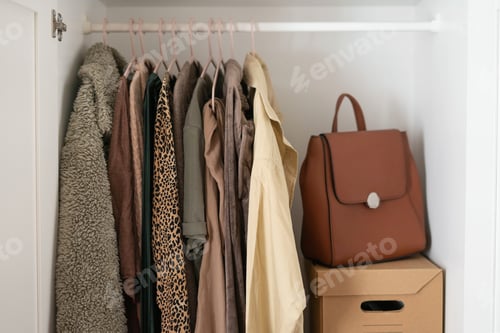 Preview: Organized Closet Interior with Clothing and Backpack