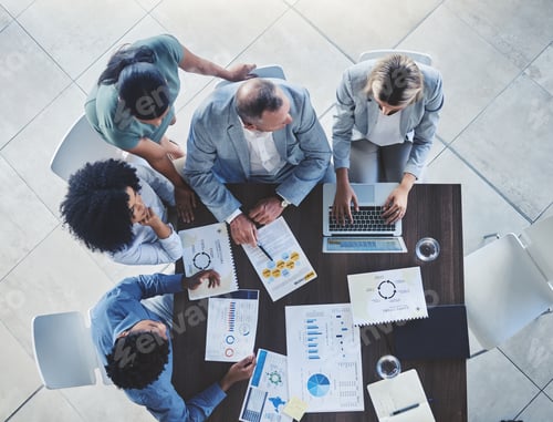 Preview: Conference team, table and discussion about documents at corporate meeting for data development. An