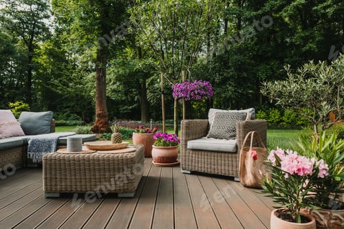 Preview: Elegant garden furniture on terrace of suburban home