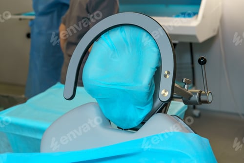 Preview: Ophthalmic laser system in eye surgery clinic. Close up couch in operating room
