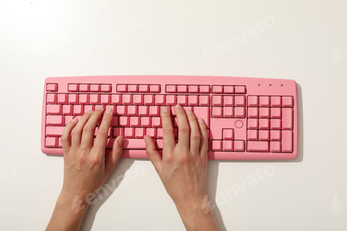 Preview: Pink computer keyboard and hands on white background, top view