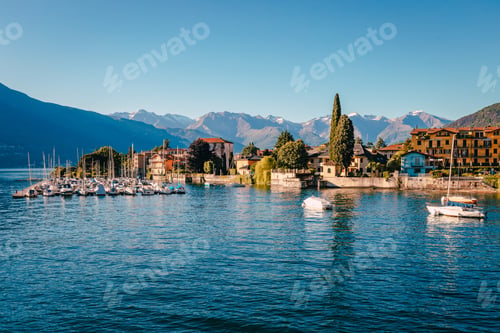 Preview: Pier on Lake Como with boats moored at sunset