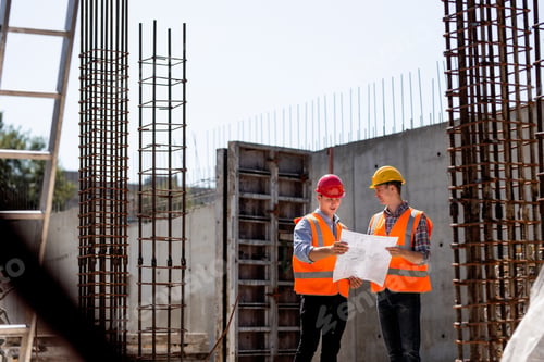Preview: Civil engineer and construction manager in orange work vests and hard helmets explore construction