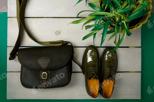Preview: Green lacquered oxford shoes and crossbody bag on wooden background near flower pot.