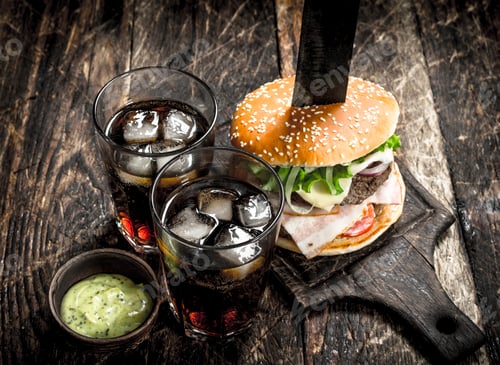 Preview: Street food. Big burger with cola and sauce.