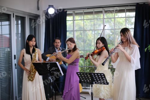 Preview: classic musical song student are learning to play a music instrument in sound studio musician class