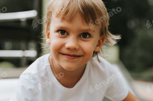 Preview: portrait of the face of a cute little happy smiling candid kid boy with big eyes and long blond hair