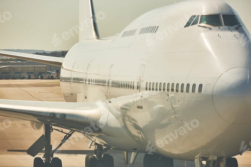 Preview: Huge airplane in the runway. Transportation and tourism industry. Journey