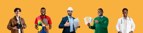 Preview: Careers Concept. Various men in their work uniforms posing against colorful background