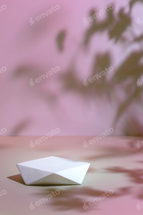 Preview: scene with white polygonal podium on light pink background and plants shadows