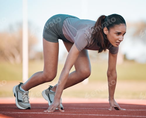 Preview: Woman, fitness and running start in athletics, motivation or competition on stadium or olympic trac