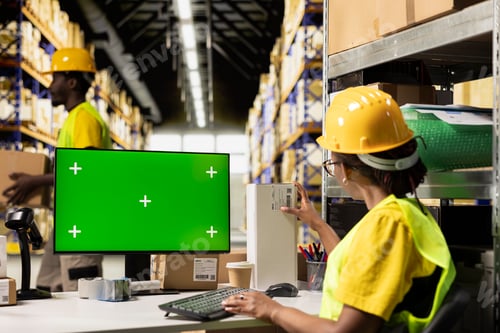 Preview: Woman in safety vest checking barcodes labels next to green screen