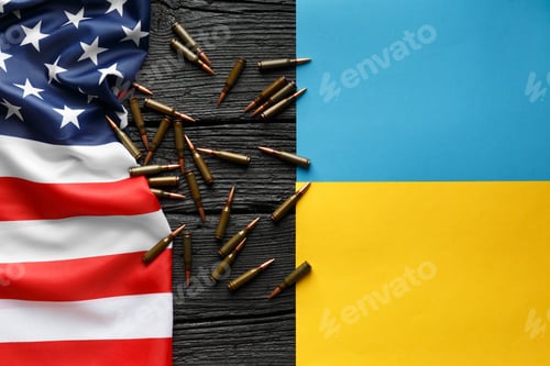 Preview: American, Ukrainian flag, bullets, cartridges on a black wooden background, top view, copy space