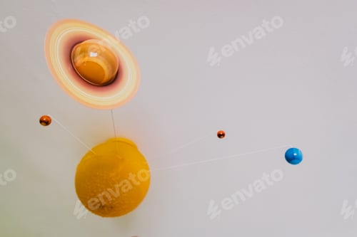 Preview: Toy planets high on the ceiling of a room.