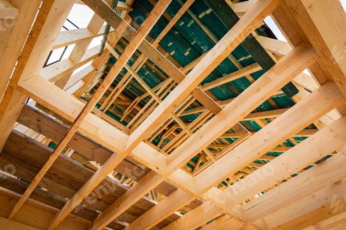 Preview: Interior frame of new wooden house under construction