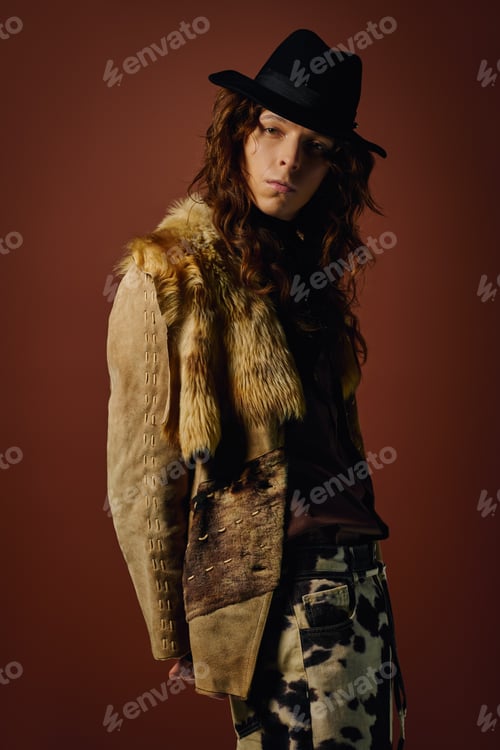 Preview: Stylish young man showcases modern fashion with a unique flair and bold accessories
