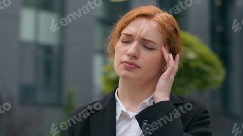Preview: Tired worried upset young ginger Caucasian girl woman female sad businesswoman student elegant