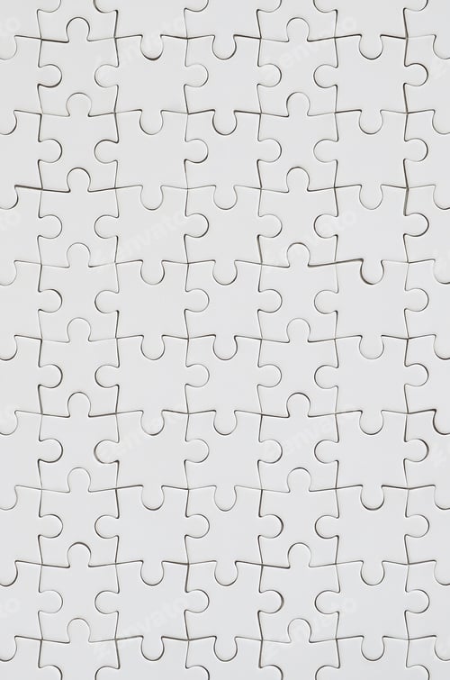 Preview: Close up texture of a white jigsaw puzzle in assembled condition. Top view. Many compo