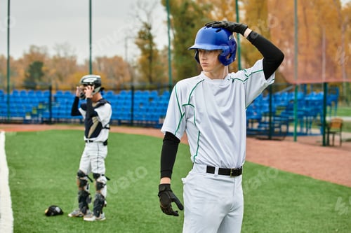 Preview: Two teenage boys enjoying a lively game of baseball on a vibrant field
