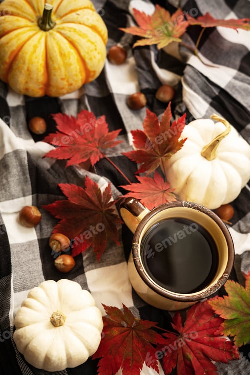 Preview: Autumn Coffee with Pumpkins and Maple Leaves