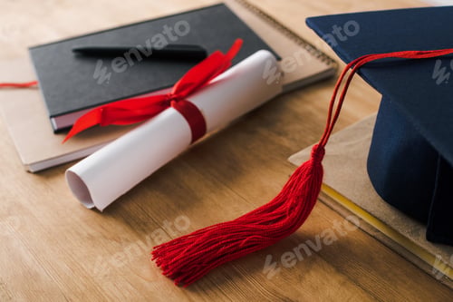 Preview: Selective focus of notebooks, pen, diploma and graduation cap with red tassel on wooden background