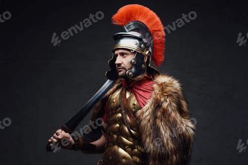 Preview: Studio shot of roman soldier wearing fur