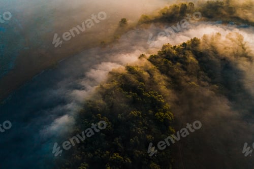 Preview: Aerial view of a beautiful summer landscape with a fog while dawn. Photo from drone