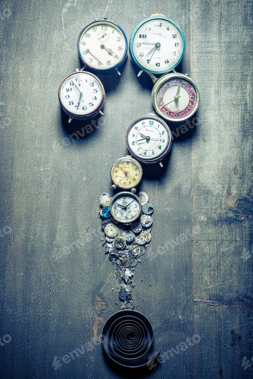 Preview: Questions mark arranged by clocks. Parts of the clock.