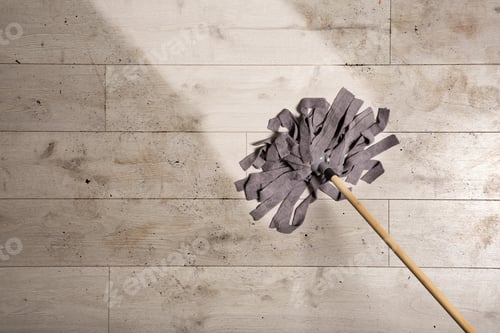 Preview: Washing of dirty floor with mop, top view. Space for text