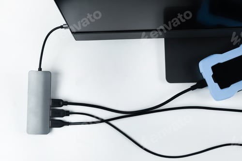 Preview: Adapter with connection of external hard drives connected to a monoblock on a white background