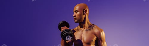 Preview: Muscular man doing exercise with weight dumbbells on studio background. Strength and motivation
