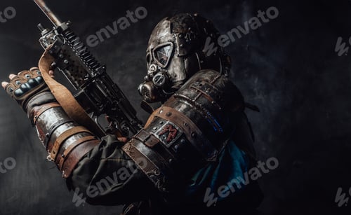 Preview: Grimy hunter with gas mask and custom gun in dark background