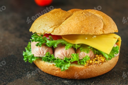 Preview: Sandwich Sausages, Cheese, Lettuce, Tomato Sauce (Snack Burger, Kaiser Bun). Top Food Background