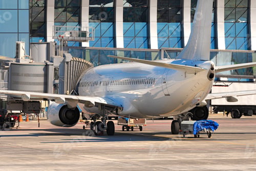 Preview: Airplane is parked near gate of airport terminal