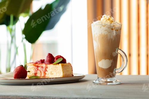 Preview: Glass of latte coffee and piece of strawberry cheesecake on gray table